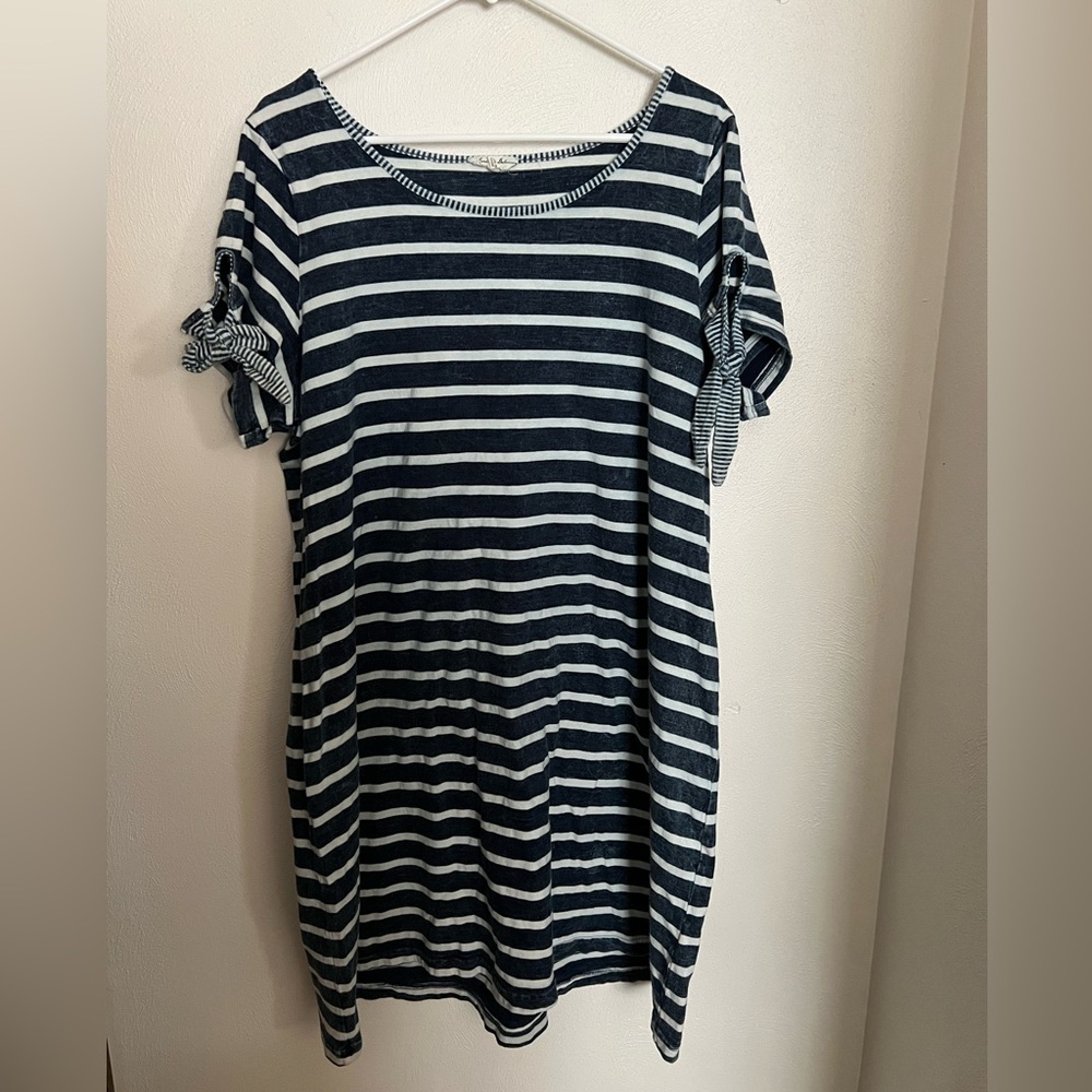 JANE AND DELANCEY Classic Striped T Shirt Dress with‎ Bow Detail Navy Blue White